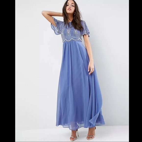 ASOS beaded vintage style tulle dress scallop edge design blue and silver sz 4 - Picture 2 of 14